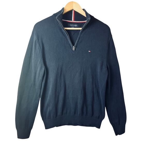 Tommy Hilfiger Quarter Zip Sweater Mens M Classic Preppy Academia Navy Nautical - Picture 2 of 11